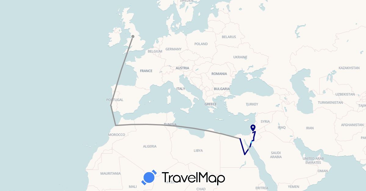 TravelMap itinerary: driving, plane, boat in Egypt, United Kingdom, Israel, Jordan, Morocco, Palestinian Territories, Portugal (Africa, Asia, Europe)
